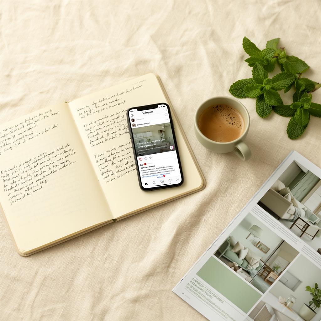 Notizbuch, Smartphone und Mokka auf Leinen